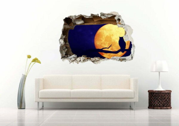 3D Owl on a Branch Facing The Full Moon Art Wall Decals Nursery, Stickers, Decoration