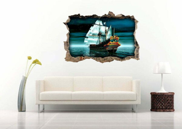 3D Ship Sailing The Night Sea Art Wall Decals Sticker Nursery Decoration for Home
