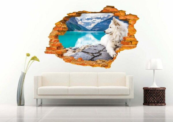 White Wolf in Lagoon 3D Art Wall Decal Vinyl Sticker