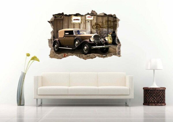 Antique Car in The Garage 3D Art Wall Decal Vinyl Sticker