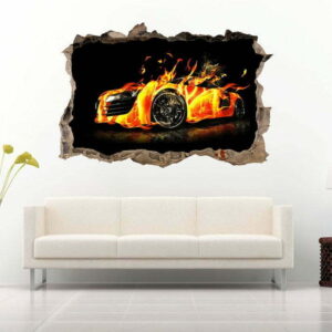 Car in Flame 3D Art Wall Decal Vinyl Sticker