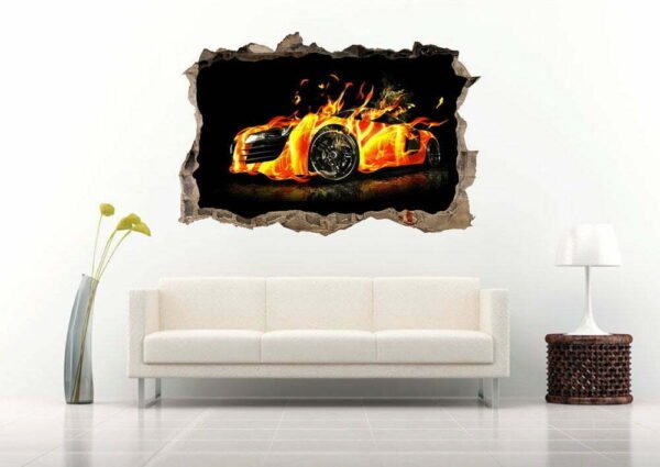 Car in Flame 3D Art Wall Decal Vinyl Sticker