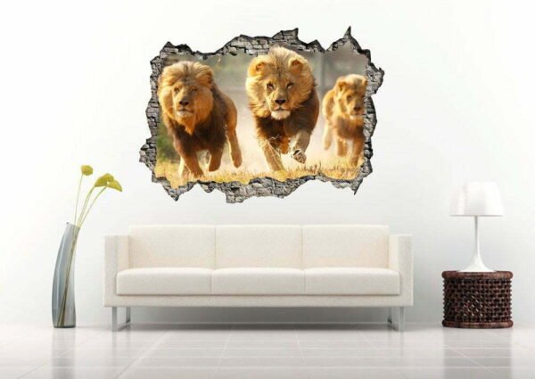 Lions of The Jungle Running 3D Art Wall Decal Vinyl Sticker
