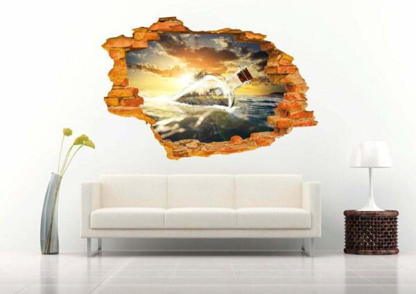 Bottle Sea at Sunset 3D Art Wall Decal Vinyl Sticker
