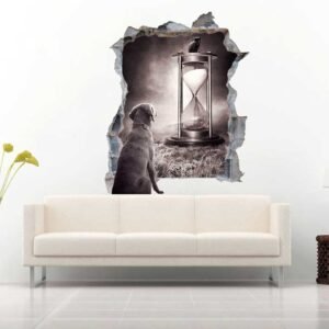 Dog Watching the Hourglass 3D Art Wall Decal Vinyl Sticker