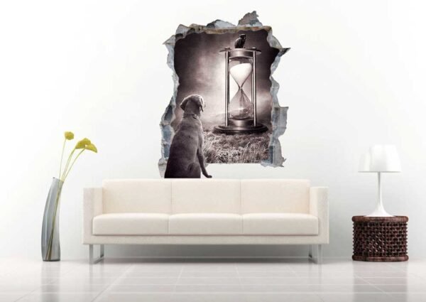 Dog Watching the Hourglass 3D Art Wall Decal Vinyl Sticker