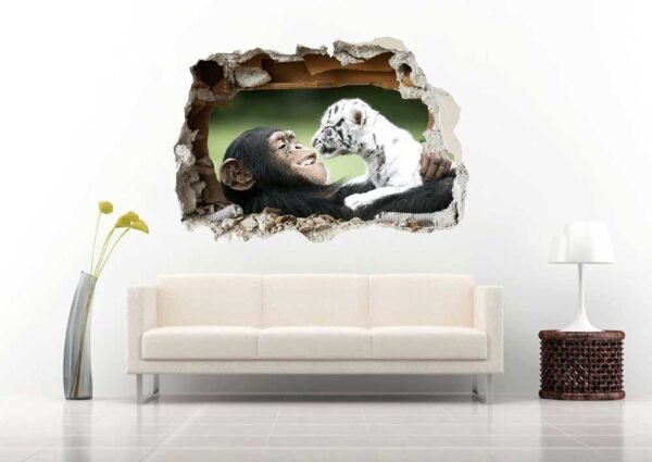 Monkey &#038; Tiger Playing 3D Wall Decal Vinyl Sticker