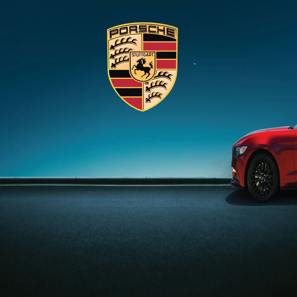 Porsche logo wall decal sticker by Kraftmatics – luxury car emblem wall art for home or garage décor.